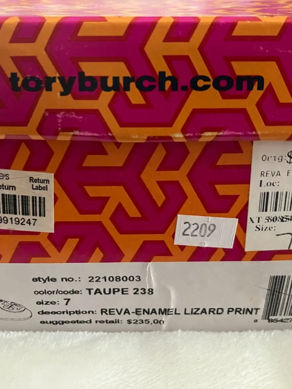 Tory Burch Reva Flat in Taupe Lizard Print, Size 7